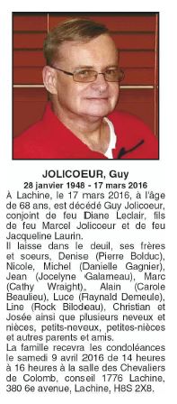 Avis de décès de Guy Jolicoeur 17 03 2016