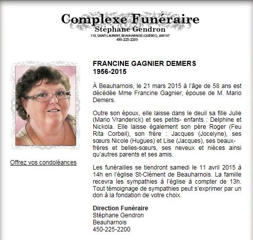 Décès Françine Gagnier